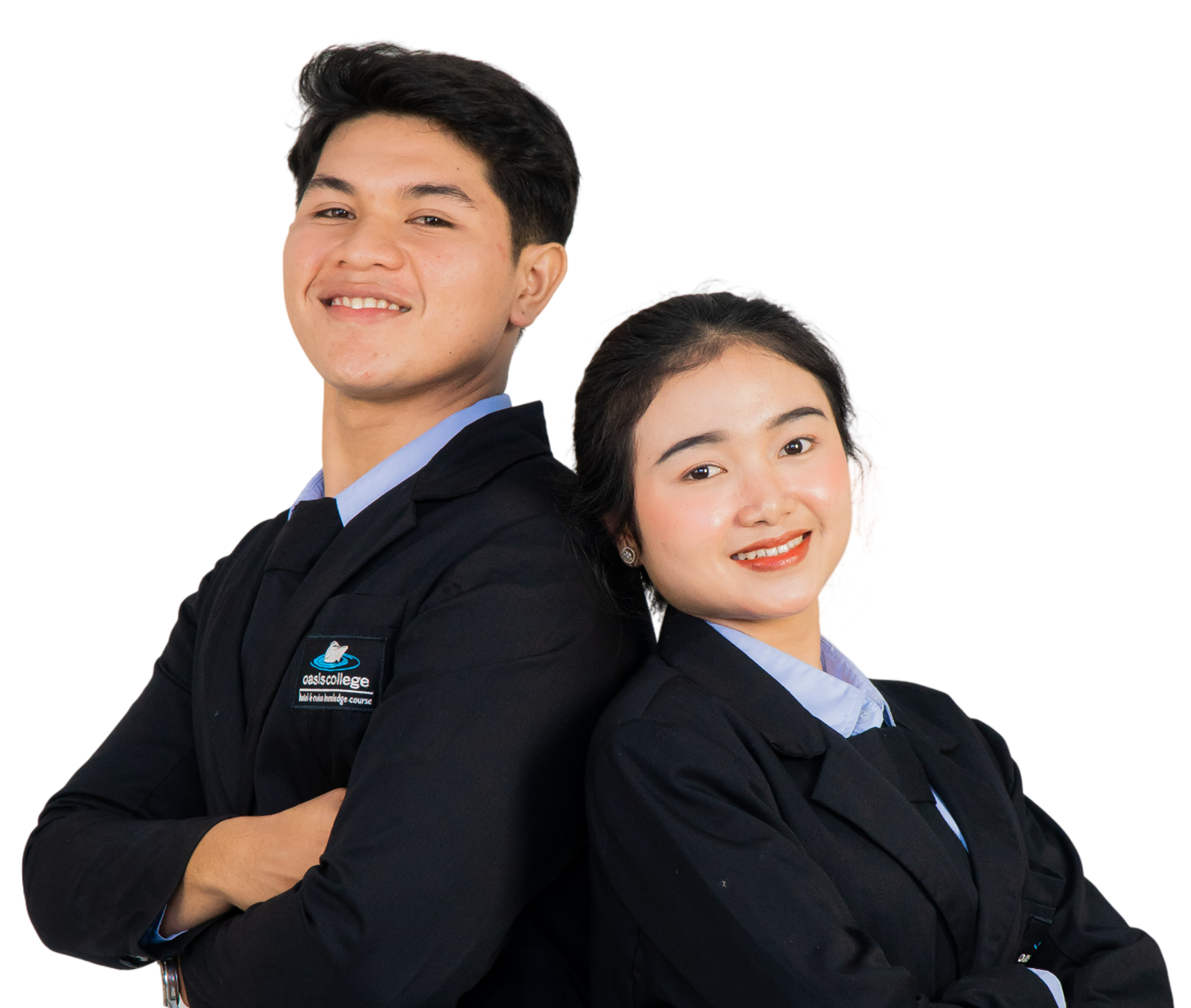Dua siswa Oasis College mengenakan seragam almamater